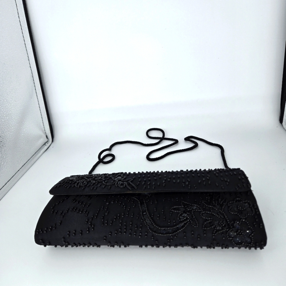 LA REGALE Black Beaded Cocktail Evening Shoulder Bag Clutch Purse - Picture 10 of 14